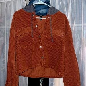 Corduroy Auburn/Brown Button Jacket with Gray Hood